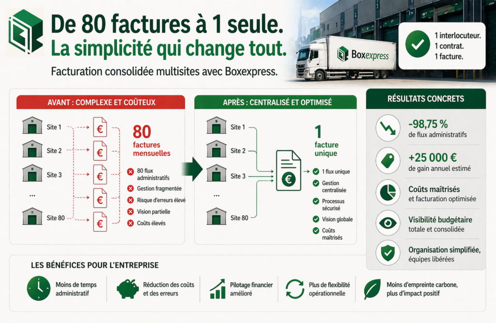 Passer de 80 factures à une seule grâce à la facturation consolidée multisites avec Boxexpress pour simplifier la gestion et réduire les coûts