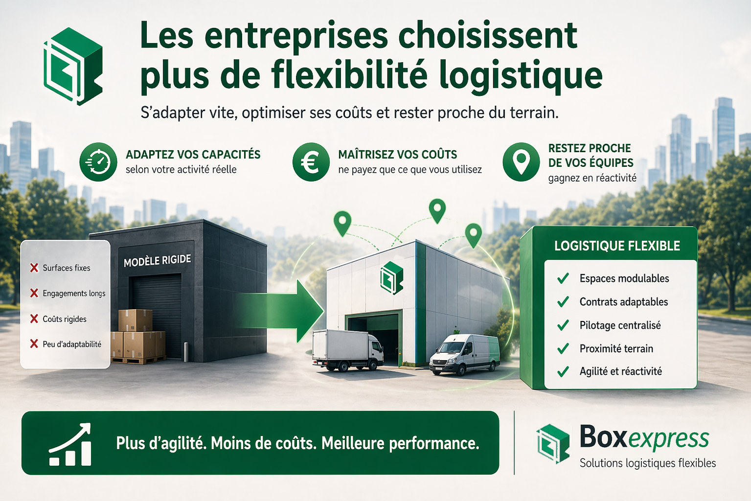 Illustration de la flexibilité logistique en entreprise avec stockage modulable, coûts optimisés, proximité des équipes et organisation multi-sites