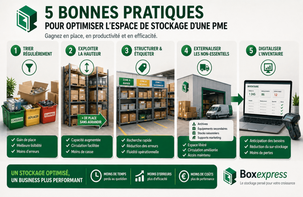 Optimiser l’espace de stockage d’une PME avec 5 bonnes pratiques organisation, tri, stockage vertical et digitalisation