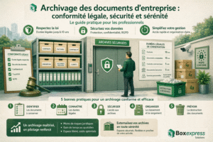 Archivage des documents d’entreprise conforme à la loi avec stockage sécurisé, respect des durées légales, protection RGPD et organisation des archives professionnelles