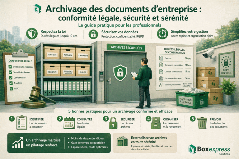 Archivage des documents d’entreprise conforme à la loi avec stockage sécurisé, respect des durées légales, protection RGPD et organisation des archives professionnelles