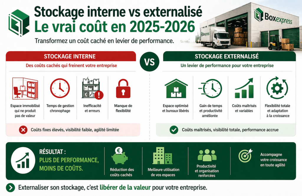 Comparaison du coût du stockage interne et externalisé montrant les coûts cachés, le manque de flexibilité et les gains de performance liés à l’externalisation
