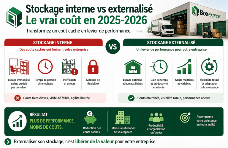 Comparaison du coût du stockage interne et externalisé montrant les coûts cachés, le manque de flexibilité et les gains de performance liés à l’externalisation