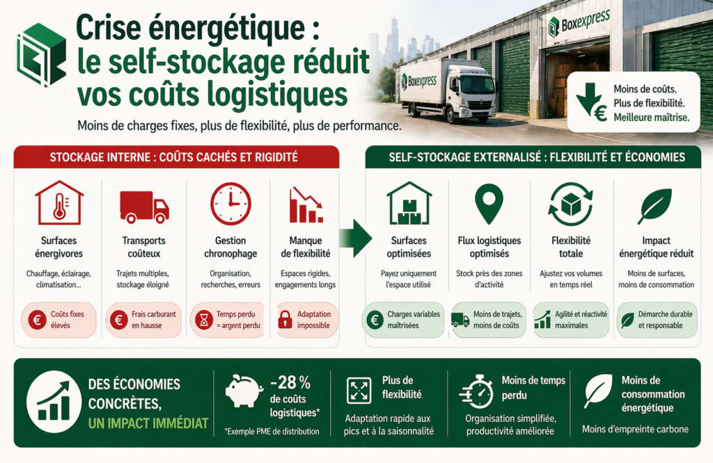 Illustration montrant comment le self-stockage permet de réduire les coûts logistiques en période de crise énergétique grâce à la flexibilité et à l’optimisation des surfaces