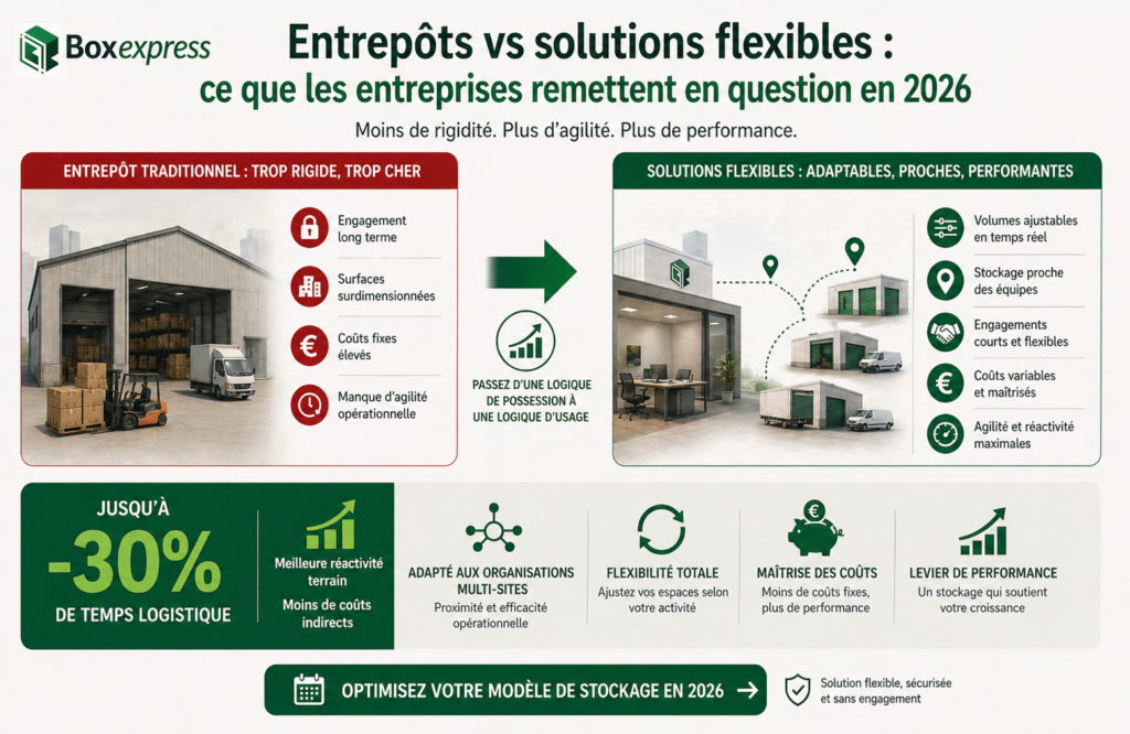 Comparaison entre entrepôt traditionnel et stockage flexible en 2026 montrant la réduction des coûts, plus de flexibilité et une meilleure performance logistique