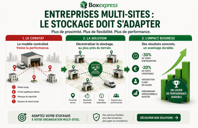 Entreprises multi-sites : illustration montrant la transition d’un stockage centralisé vers un stockage décentralisé pour améliorer la performance et la gestion des stocks