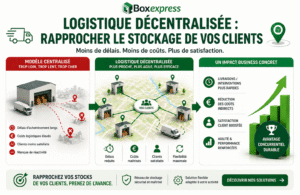 Logistique décentralisée en entreprise : illustration montrant des points de stockage proches des clients permettant de réduire les délais et améliorer la performance