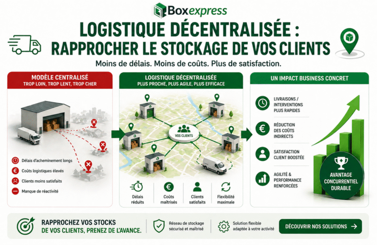 Logistique décentralisée en entreprise : illustration montrant des points de stockage proches des clients permettant de réduire les délais et améliorer la performance
