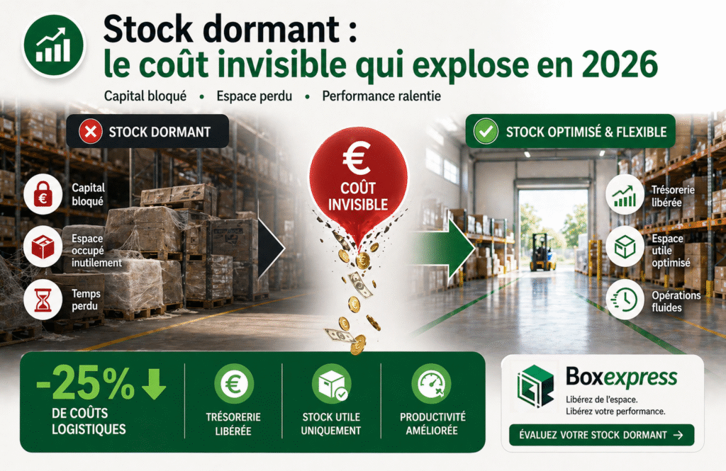 Stock dormant en entreprise illustrant le coût invisible lié à l’espace perdu, au capital immobilisé et à la baisse de performance