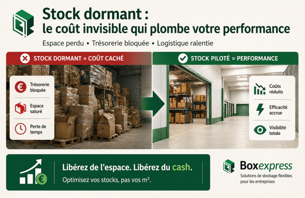 Stock dormant en entreprise illustrant le coût caché du stockage mal optimisé et l’impact sur la performance logistique