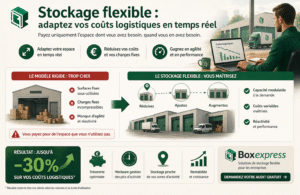 Stockage flexible en entreprise permettant d’adapter les coûts logistiques en temps réel avec capacité modulable, réduction des charges fixes et optimisation des flux