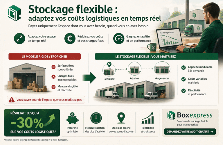Stockage flexible en entreprise permettant d’adapter les coûts logistiques en temps réel avec capacité modulable, réduction des charges fixes et optimisation des flux