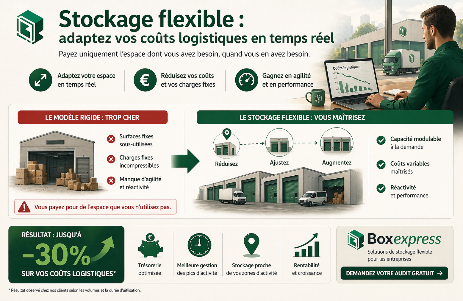 Stockage flexible en entreprise permettant d’adapter les coûts logistiques en temps réel avec capacité modulable, réduction des charges fixes et optimisation des flux