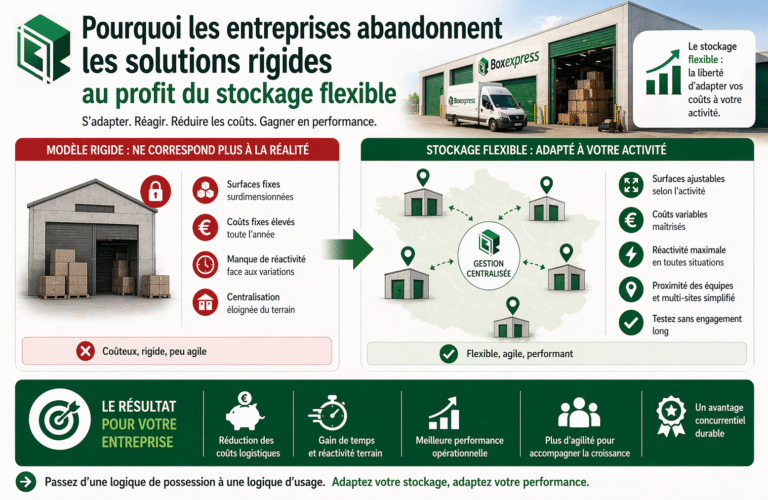 Comparaison entre stockage rigide et stockage flexible en entreprise montrant réduction des coûts, adaptation en temps réel et amélioration de la performance logistique