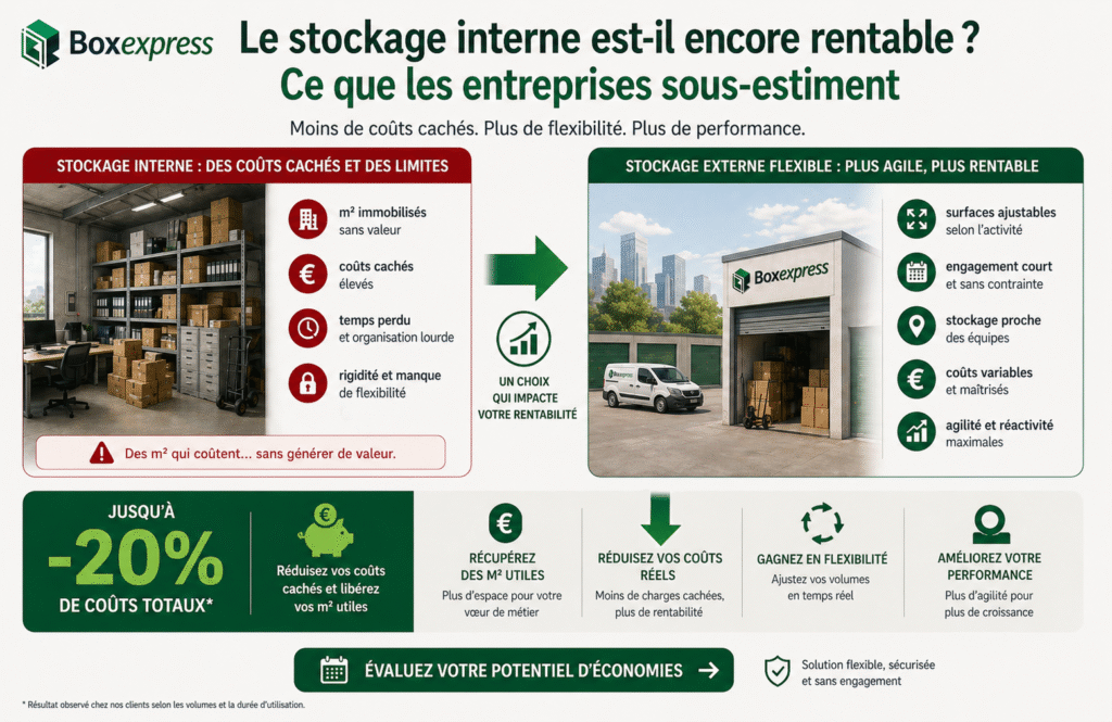 Stockage interne en entreprise : comparaison avec stockage flexible montrant les coûts cachés, le manque de flexibilité et l’impact sur la rentabilité