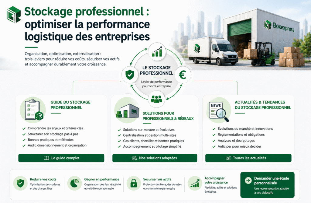 Stockage professionnel pour entreprises illustrant organisation, optimisation et externalisation pour améliorer la performance logistique et réduire les coûts