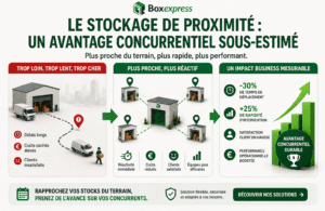 Stockage de proximité en entreprise : illustration montrant des stocks rapprochés du terrain permettant d’améliorer la réactivité, réduire les coûts et augmenter la satisfaction client