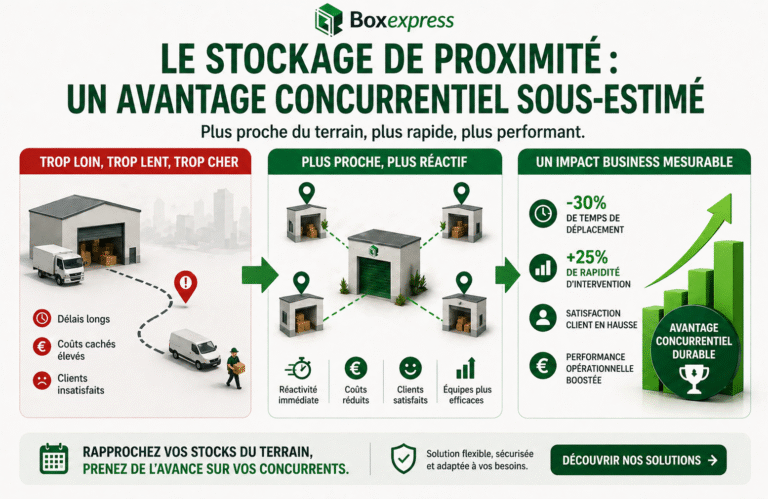 Stockage de proximité en entreprise : illustration montrant des stocks rapprochés du terrain permettant d’améliorer la réactivité, réduire les coûts et augmenter la satisfaction client