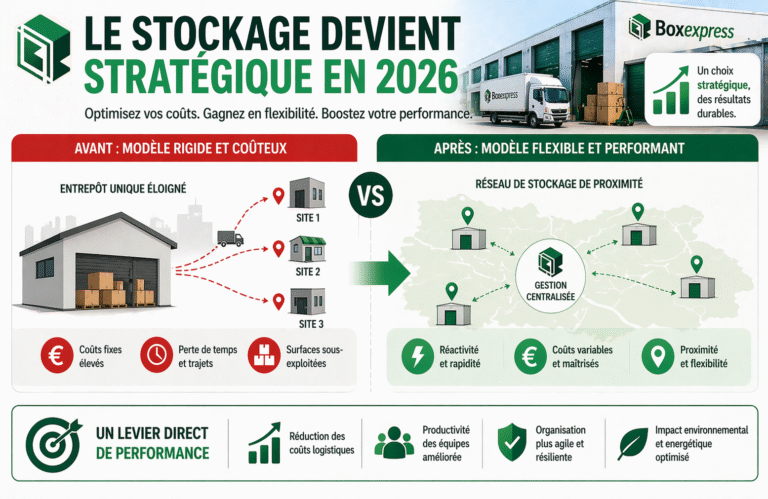 Stockage stratégique en entreprise en 2026 : comparaison entre modèle rigide coûteux et stockage flexible optimisé avec Boxexpress