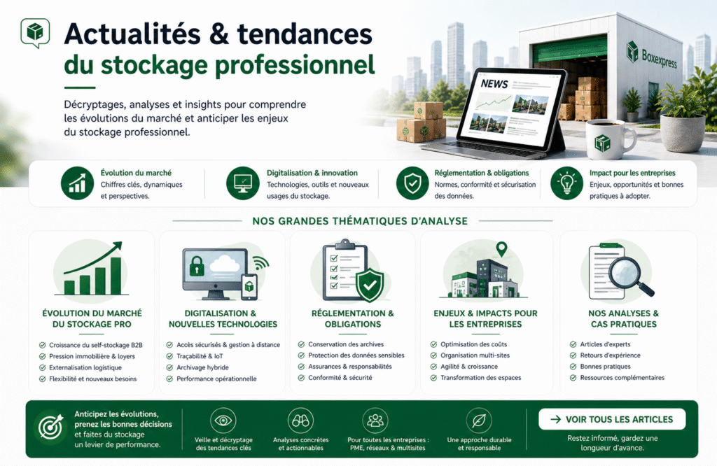 Actualités et tendances du stockage professionnel illustrant évolution du marché, digitalisation, réglementation et impact sur les entreprises