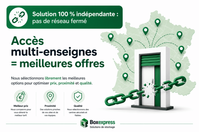Solution de stockage professionnelle indépendante Boxexpress avec accès multi-enseignes pour optimiser prix, proximité et qualité
