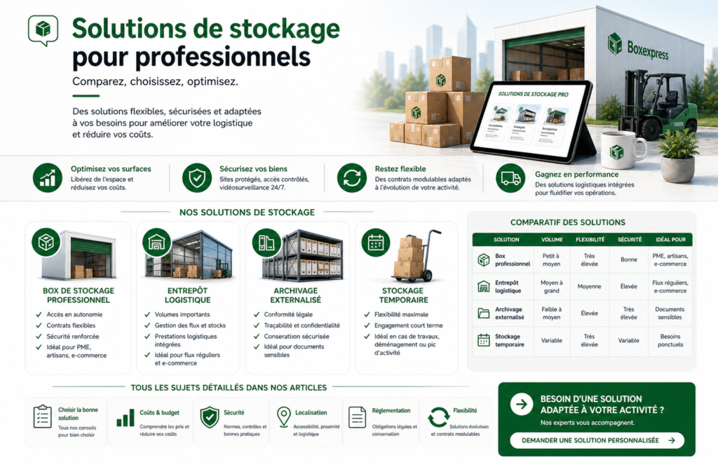Comparatif des solutions de stockage professionnel pour entreprises : box sécurisé, entrepôt logistique, archivage externalisé et stockage temporaire