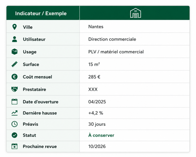 Exemple de tableau de pilotage du stockage en entreprise avec coûts, surface, prestataire et échéances